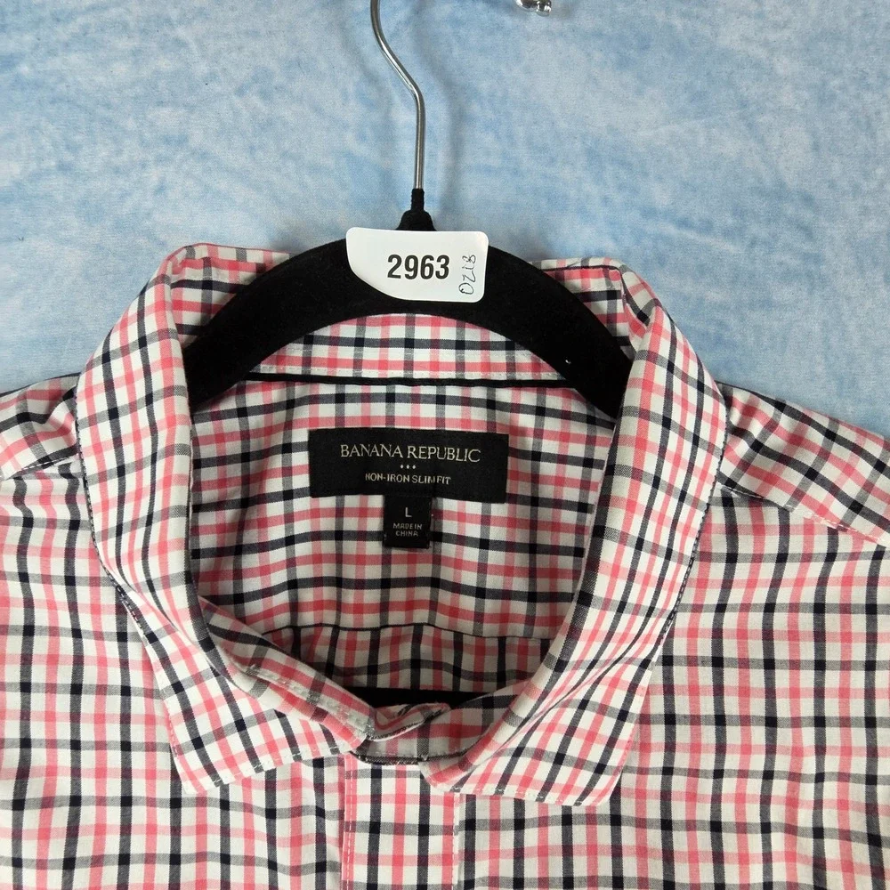 Banana Republic Mens Non-Iron Slim Fit Shirt‎ L Red Navy Tattersall Check Plaid